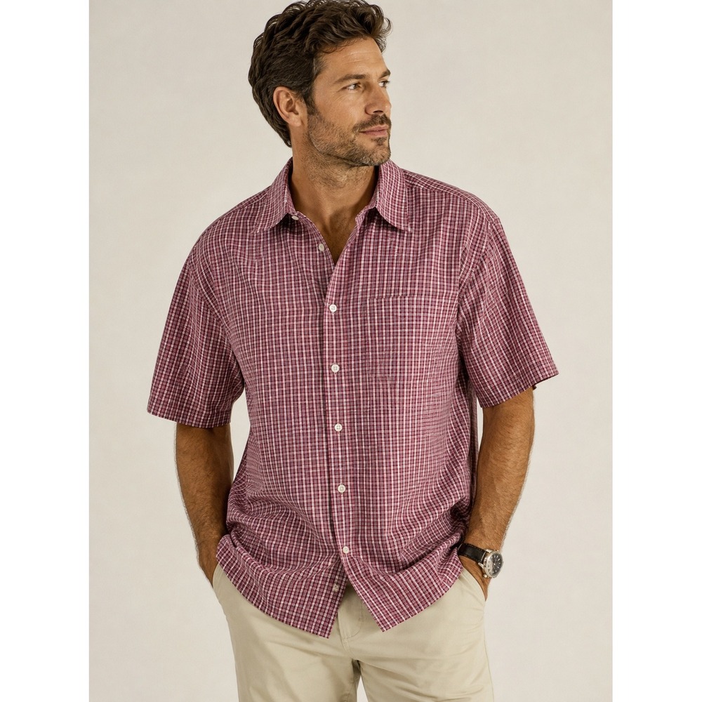 Brooks Brothers 346 Short Sleeve Button Down Shirt Red‎ Blue Check Large Plaid